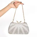 Handmade beaded evening bag with fan-shaped pearl patterns and vintage gold metal frame - 21.5cm x 12cm x 8cm / Silver
