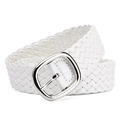 Elegant white woven PU leather belt for women featuring a polished metallic square buckle - White