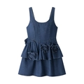 Donkerblauwe denim mini-jurk met gelaagde ruches, 3D bloemaccenten en brede schouderbanden - S / Blauw