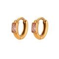 Golden stainless steel hoop earrings featuring small rectangular pink zircon gemstones - Pink Rhinestone