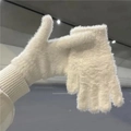 Winter plush faux rabbit fur gloves for women in cream white with fleece lining - White