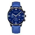 Detail of blue sun-and-moon dial with Roman numerals and faux chrono sub-dials - Blue Strap Black Case Blue Dial Silver Hands