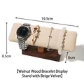 Walnut wood and beige velvet display stand for watches and bracelets with T-bar - Walnut Cylinder Bracelet Rack - Beige Velvet