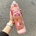 Pink Capybara water bottle with Happy Bara print and convenient carrying strap - Solid Pink (New)