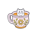 Cute white cat in a pink daisy teacup enamel pin for women and kids accessories - Healing White Cat Daisy Teacup Style (QHXZ1865)