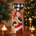 Sac à bouteille de vin de Noël en lin avec cordon rouge et motif Père Noël s'arrête ici - Style Père Noël Grimpant à la Cheminée en Toile de Jute à Carreaux Noirs et Blancs
