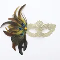 Golden lace masquerade mask with vibrant peacock feathers and yellow rhinestone embellishments - Six-petal Style / Gold