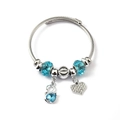 Detailed view of silver wire cable bracelet with blue crystal beads and swan heart charms - Rhinestone Heart Swan (C1-015) / Blue