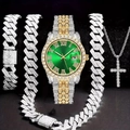 Luxury green dial watch set with iced-out Cuban bracelets and cross pendant necklace - Green Dial Two Tone Gold Silver (Without Box)