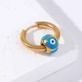 Golden stainless steel hoop earring featuring a blue enamel evil eye charm - Gold-Teal