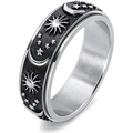 Rotating stainless steel celestial ring with sun moon and star motifs in silver and black - Silver Black