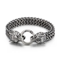 Men's vintage titanium steel bracelet featuring dual wolf heads and a braided chain design - One Size (ai-22cm) / Antique Silver