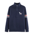 Maglione in maglia blu scuro con colletto alto a zip e polsini a righe su fondo bianco - S / Blu navy