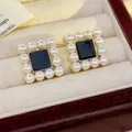 Elegant square black enamel stud earrings with a pearl border and gold finish - 81# Square Pearl Studs