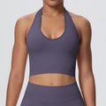 Deep purple halter neck sports bra and high waist leggings set for yoga and fitness training - Truffle