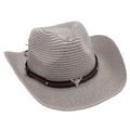 Detail of grey woven cowboy hat with leather band and metallic bull skull ornament - One Size / Gray