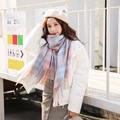 Pink and blue plaid checkered scarf with tassels worn by model in winter outdoors - 195CM / Small Grid Pink Blue