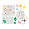 Silicone fondant molds set featuring flower leaf and butterfly patterns for cake decoration - Gray 3-Piece Set
