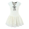 French style cream lace V-neck dress with sailor collar and black bow tie detail - S / Milky White
