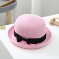 Pink woven straw sun hat for girls with a black ribbon bow and round dome crown - S (52-54cm) / Pink