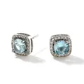 Square silver stud earrings with light blue zircon and white diamond halo - Silver-Light Blue Zircon