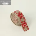 Khaki and red striped faux linen ribbon roll for Christmas decor, 3.8cm width - 3.8cm Wide Khaki Red Striped Ribbon / 2 Meters