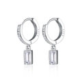 Macro detail of S925 sterling silver hoop earrings with clear rectangular zircon drops - Square Zircon Pendant Ear Buckle