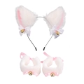 Cat ear headband and plush bracelet set with white bows and golden bells for cosplay - White Faux Fur Pink Inner Cat Ears + One Pair Wristbands
