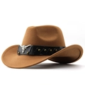 Vintage brown wool felt cowboy hat with bull head buckle and leather strap on white background - M (56-58cm) / Khaki (Studded Bull Head)