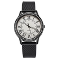 Women's quartz watch with black mesh strap, crystal bezel, and Roman numeral dial - Black
