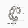 Adjustable silver link chain ring in stainless steel with 0.8cm width and hammered texture - Cuban Chain Style / Steel