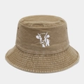 Close-up of khaki washed cotton bucket hat featuring white cow embroidery and metal eyelets - M (56-58cm) / Khaki