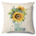 Linen sunflower pillow cover featuring You Are My Sunshine print in watercolor style - 45x45cm Pillow Cover / Sunflower Jar on Wood-2 (21Y366-2)