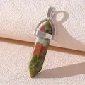 Close-up of hexagonal Unakite stone pendant with silver clasp on white background - Green Flower Stone