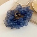 Detail of blue plaid fabric hair claw clip with sheer ruffle trim and gold spring - Blue Plaid Mesh Claw Clip