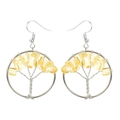 Macro detail of handmade wire-wrapped tree of life earrings with yellow crystals - 3.5cm / Silver + Citrine