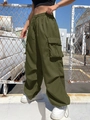 Detail of army green cargo pants featuring elastic drawstring waist and large side pockets - S / Army Green