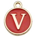 Red enamel round charm with gold trim featuring white letter V for DIY jewelry - Double-Sided Letter V / 1 Piece (12x14mm) / Red