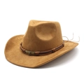 Close-up of brown suede cowboy hat featuring vintage skull metal buckle and leather band - M (56-59cm) / Khaki
