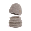 Winter beanie and neck warmer set in light coffee ribbed knit with warm fleece lining - Two-Piece Set / Mocha