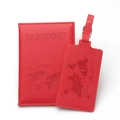 Red PU leather travel set with world map passport cover and matching luggage tag - Set / Red