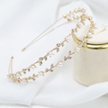 Elegant gold double-layer leaf headband with pearls and rhinestones on silk background - Gold