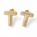Elegant gold plated letter T stud earrings with sparkling cubic zirconia stones for women - Letter T