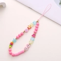 Pink beaded phone charm strap with cartoon bear beads and colorful star accents - K793 Soft Clay Smiley + Star Style