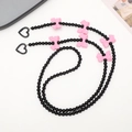 Crossbody phone strap with black beads, pink bows and heart metal clasps on white base - Crossbody Chain / Black Beaded Bow Style (K621)