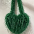 Vibrant emerald green heart-shaped faux fur crossbody bag with long plush fringe straps - Green