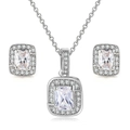 Elegant geometric square zircon necklace and earring set in polished silver finish - White Gold + White Stone Set