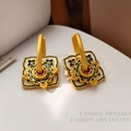 Golden enamel earrings featuring royal blue and dark green floral patterns in retro style - T2385 Style / Square Floral