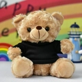 Detailed close-up of a tan teddy bear plush toy wearing a customizable black t-shirt - Sitting Height 30cm / Black