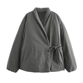 Dark grey quilted kimono jacket with side-tie closure and oversized long sleeves for women - XS / Gray